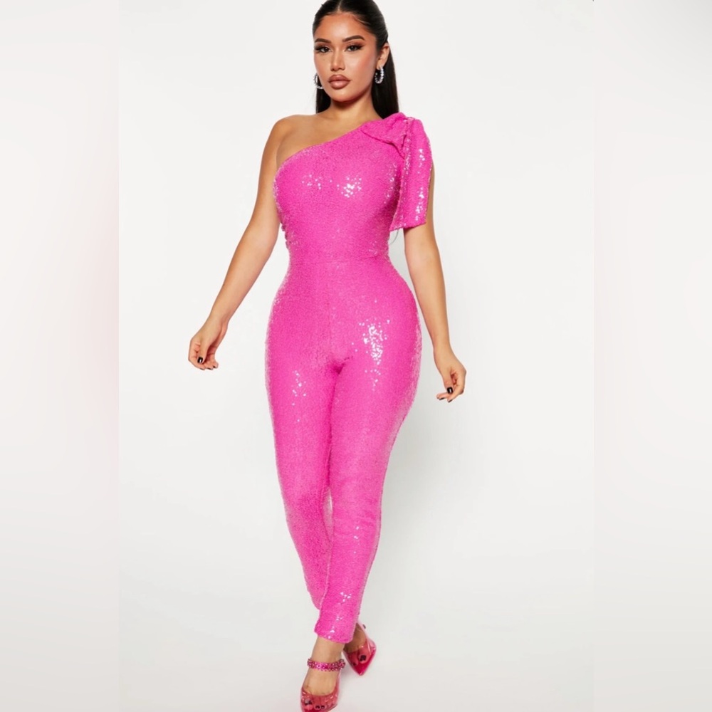 Fashion Nova Pink Sequin One-Shoulder Jumpsuit